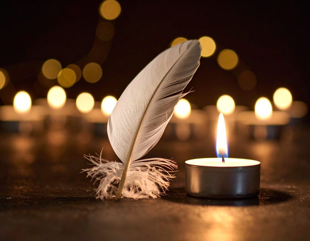 une plume sur un fond noir tamisé éclairé a la bougie
