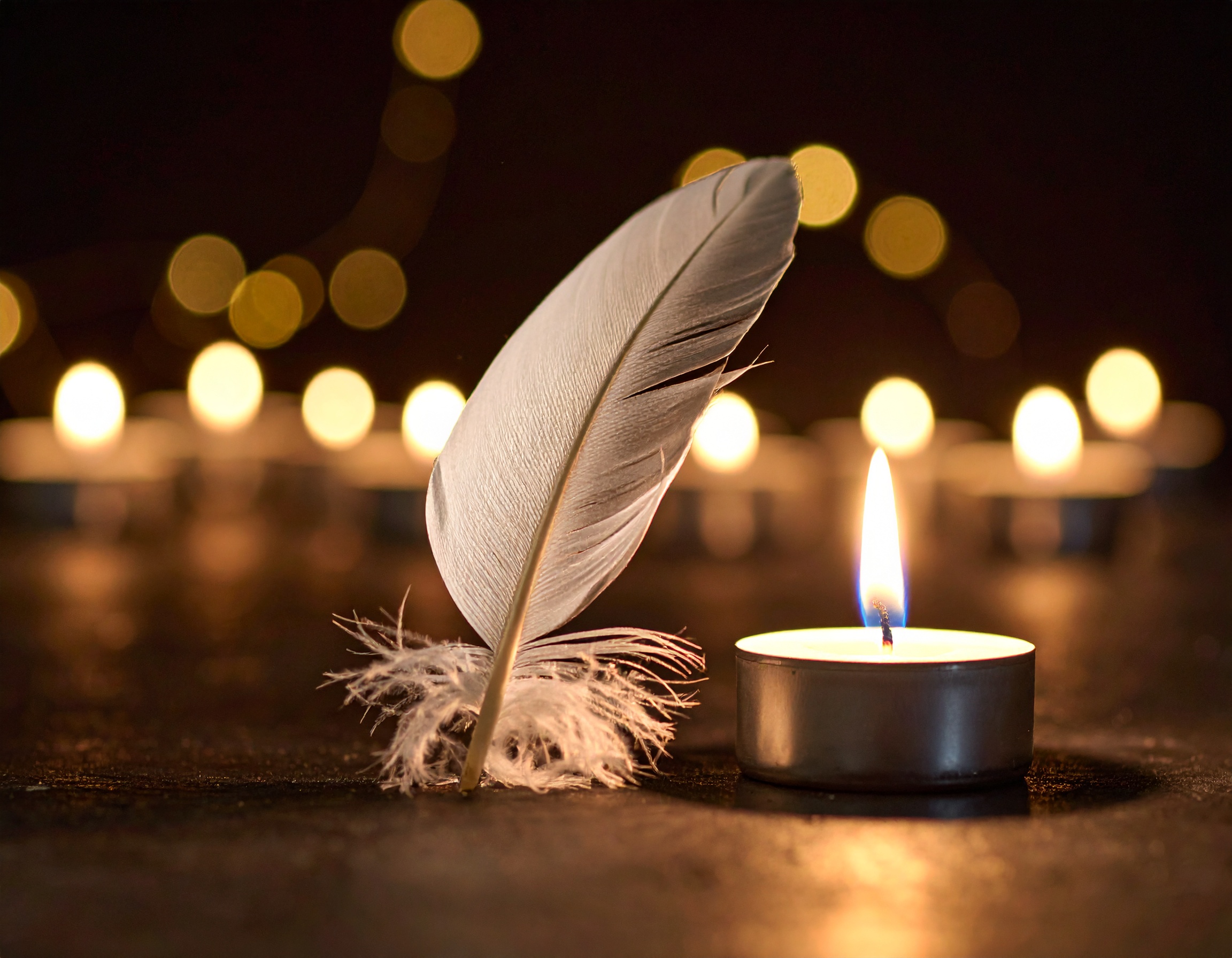 une plume sur un fond noir tamisé éclairé a la bougie