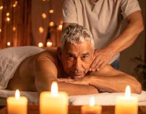 une personne agé qui se fait masser dans un salon de massage sombrez éclairé a la bougie