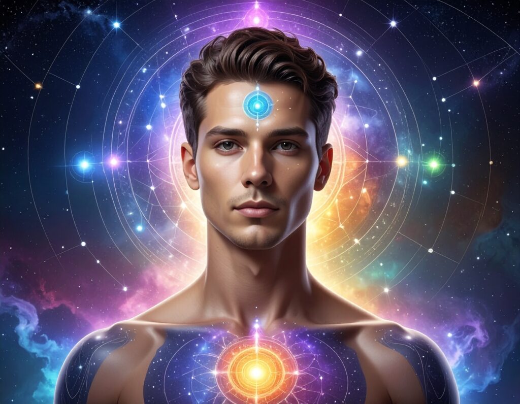 une personne en style theme astral dans l'espace parmis les constellations