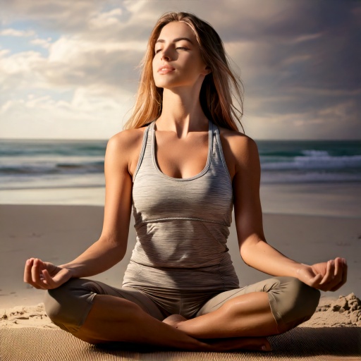 une femme en tailleur les yeux ferme qui fait des exercices de respiration